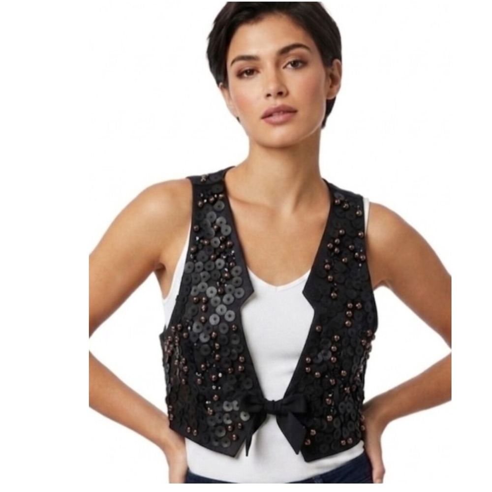 Bisou Bisou Michele Bohbot Black Studded Sequin Cropped Vest Bow Tie Large NEW